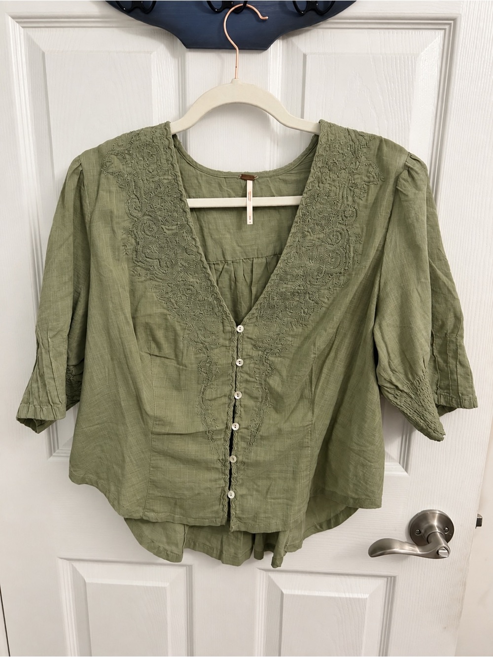 Free People Olive Green Embroidered V-Neck Button-Front Women's Blouse